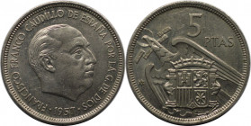 Europäische Münzen und Medaillen, Spanien / Spain. Francisco Franco (1939-1975). 5 Pesetas 1957. Kupfer-Nickel. KM 786. Stempelglanz, Kratzer