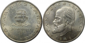 Europäische Münzen und Medaillen, Ungarn / Hungary. 100 Jahre Revolution von 1848 - Mihaly Tancsics. 20 Forint 1948. 28,0 g. 0.500 Silber. 0.45 OZ. KM...