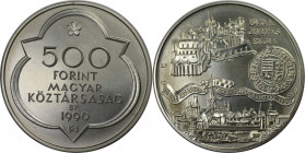 Europäische Münzen und Medaillen, Ungarn / Hungary. 500. Todestag von König Matthias I. Corvinus - Zwei Residenzen. 500 Forint 1990. 28,0 g. 0.900 Sil...