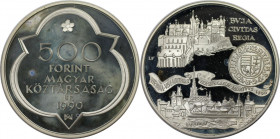Europäische Münzen und Medaillen, Ungarn / Hungary. 500. Todestag von König Matthias I. Corvinus - Zwei Residenzen. 500 Forint 1990. 28,0 g. 0.900 Sil...