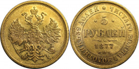 Russische Münzen und Medaillen, Alexander II. (1854-1881). 5 Rubel 1877 SPB NI. Gold. 6,54 g. Bitkin 25. Fast Stempelglanz