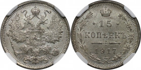 Russische Münzen und Medaillen, Nikolaus II. (1894-1918). 15 Kopeken 1917 BC. Silber. Bitkin 144 (R). NGC MS 64