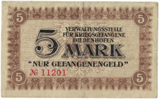 Banknoten, Deutschland / Germany. Notgeld. Kriegsgefangenenlager, Diedenhofen (Lothringen). 5 Mark ND. Rs.Stempel "Kassen-Verwaltung". II-