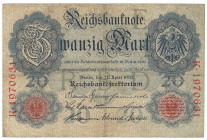 Banknoten, Deutschland / Germany. Reichsbanknoten und Reichskassenscheine (1874-1914). 20 Mark Reichsbanknote 21.4.1910. Udr.-Bst.: E / Serie: K, KN 7...