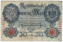 Banknoten, Deutschland / Germany. Deutsches Reich. Reichsbanknote 20 Mark 1910. Ro.40b. III