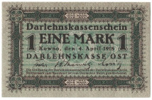 Banknoten, Deutschland / Germany. Deutsches Reich, Kaiserreich. Besatzungsausgabe Rußland. 1 Mark 1918. Darlehnskasse Ost. Kowno. Darlehnskassenschein...