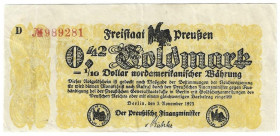 Banknoten, Deutschland / Germany. Freistaat Preussen, Berlin. 0,42 Goldmark 1923 Notgeld. III