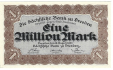 Banknoten, Deutschland / Germany. Sachsen - Dresden - Sächsische Bank. 1 Million Mark 1923 Länder-Banknote. SAX-19f. I