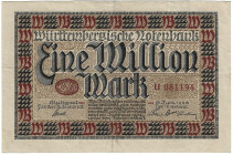 Banknoten, Deutschland / Germany. Württemberg - Stuttgart - Württembergische Notenbank. 1 Million Mark 1923 Länder-Banknote. WTB-17. III