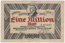 Banknoten, Deutschland / Germany. Württemberg - Stuttgart - Württembergische Notenbank. 1 Million Mark 1923 Länder-Banknote. WTB-18. III