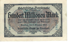 Banknoten, Deutschland / Germany. Sachsen - Dresden - Sächsische Bank. 100 Millionen Mark 1923 Länder-Banknote. SAX-21. III