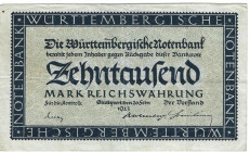 Banknoten, Deutschland / Germany. Württemberg - Stuttgart - Württembergische Notenbank. 10000 Mark 1923 Länder-Banknote. WTB-13. III