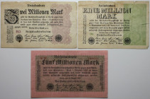 Banknoten, Deutschland / Germany. Notgeld, Berlin, Reichsbanknote.1Mln Mark, 2 Mln Mark, 5 Mln Mark 1923. Keller 100a, 103e, 104b. 3 Stück. II-IV