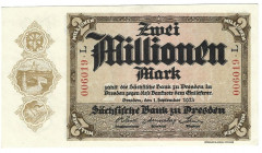 Banknoten, Deutschland / Germany. Sachsen - Dresden - Sächsische Bank. 2 Millionen Mark 1923 Länder-Banknote. SAX-20. I