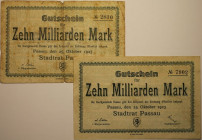Banknoten, Deutschland / Germany. Notgeld Passau, Inflation. 2 x 10 Milliarden Mark 1923. 2 Stück. Keller: 4243. II-IV