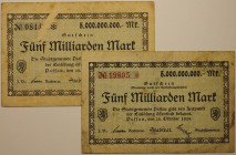 Banknoten, Deutschland / Germany. Notgeld Passau, Inflation. 2 x 5 Billion Mark 1923. 2 Stück. Keller: 4243. III