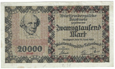 Banknoten, Deutschland / Germany. Württemberg - Stuttgart - Württembergische Notenbank. 20000 Mark 1923 Länder-Banknote. WTB-15. III
