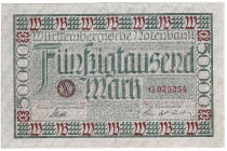 Banknoten, Deutschland / Germany. Württemberg - Stuttgart - Württembergische Notenbank. 50000 Mark 1923 Länder-Banknote. WTB-14. I-