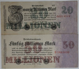 Banknoten, Deutschland / Germany. Notgeld, Berlin, Reichsbanknote.20 Millionen Mark, 50 Millionen Mark 25.07.1923. 2 Stück. Keller 96, 97. II-III