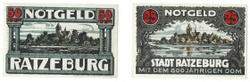 Banknoten, Deutschland / Germany, Lots und Sammlungen. Notgeld Ratzeburg. 25 - und 50 Pfennig ND(1921). Lot von 2 Banknoten. Kassenfrisch