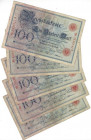 Banknoten, Deutschland / Germany, Lots und Sammlungen. Reichsbanknoten und Reichskassenscheine (1874-1914). 5 x 100 Mark Reichsbanknote 17.4.1903. Pic...