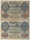 Banknoten, Deutschland / Germany, Lots und Sammlungen. Reichsbanknoten und Reichskassenscheine (1874-1914). 2 x 20 Mark Reichsbanknote 8.6.1907. Pick:...