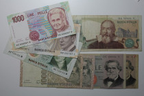 Banknoten, Italien / Italy, Lots und Sammlungen. 5 x 1000 Lire, 2 x 2000 Lire, 5000 Lire 1969-1990. Lot von 8 Banknoten. I-II