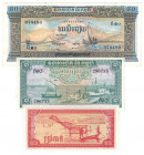 Banknoten, Kambodscha / Cambodia, Lots und Sammlungen. 0.5 Riel 1979 (P.27), 1 Riel 1956-72 (P.46), 50 Riels 1972 (P.7a). Lot von 3 Banknoten. I