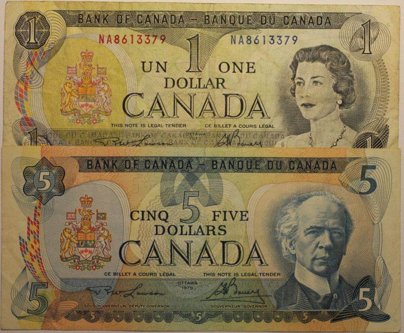 Banknoten, Kanada / Canada, Lots und Sammlungen. 1 Dollar 1973, Pick:085c, 5 Dol...