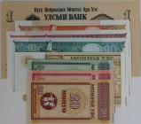 Banknoten, Mongolei / Mongolia, Lots und Sammlungen. 1 Tugrik 1955 (P.28), 1 - 20 Tugrik, 10 - 50 Mongo 1993. Lot von 8 Stück. I