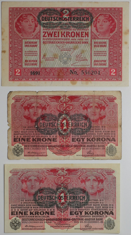 Banknoten, Österreich / Austria, Lots und Sammlungen. 2 x 1 Krone, 2 Krone 1916-...