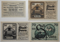 Banknoten, Österreich / Austria, Lots und Sammlungen. Notgeld Stadt Paura. 10, 30, 50, 70 Heller 1920. Lot von 4 Banknoten. II