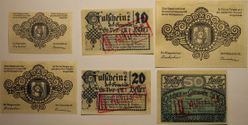 Banknoten, Österreich / Austria, Lots und Sammlungen. Gemeinden Notgeld. 2 x 10 Heller, 2 x 20 Heller, 2 x 50 Heller 1920. Lot von 6 Banknoten. I-II