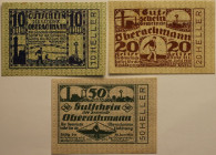 Banknoten, Österreich / Austria, Lots und Sammlungen. Notgeld Oberachmann, Bauer. 10, 20, 50 Heller 1921. Katalog Nr.0680b. Lot von 3 Banknoten. II