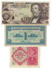 Banknoten, Österreich / Austria, Lots und Sammlungen. 2 Kronen 1922 (P.74) I, 1 Schilling 1944 (P.103) II, 20 Schilling 1967 (P.142) II. Lot von 3 Ban...
