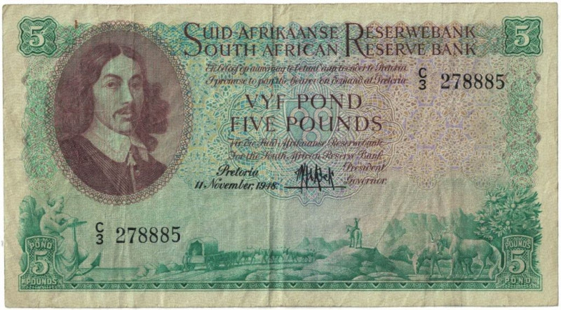 Banknoten, Südafrika / South Africa. 5 Pounds 11 November, 1948. Pick 95. II-III...