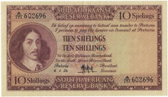 Banknoten, Südafrika / South Africa. 10 Shillings 1959. Erste Zeilen mit Banknamen und Wert in Afrikaans. Pick 91d. I-
