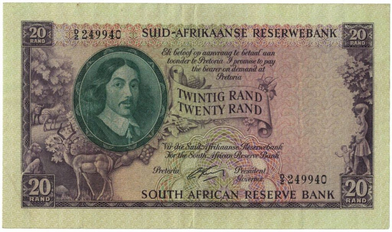 Banknoten, Südafrika / South Africa. 20 Rand 1961. Erste Zeilen mit Banknamen un...
