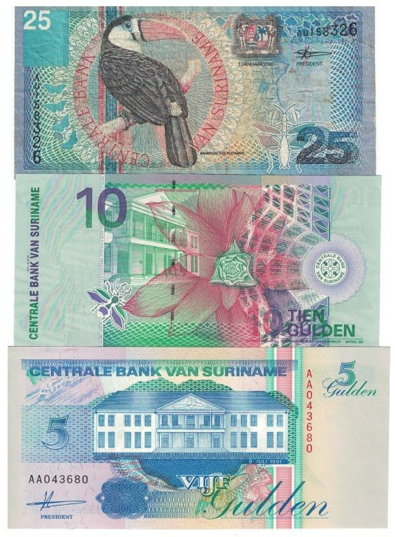 Banknoten, Surinam, Lots und Sammlungen. 5 Gulden 1991 (P.136) I, 10 Gulden 2000...