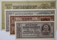 Banknoten, Ukraine, Lots und Sammlungen. 5, 10, 20, 200 Karbowanez 10.3.1942. Pick: 51, 52, 53, 56. Lot von 4 Banknoten. I-III