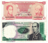 Banknoten, Venezuela, Lots und Sammlungen. 5 Bolivares 1989, 20 Bolivares 1987, Lot von 2 Banknoten. I