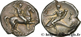 CALABRIA - TARAS
Type : Nomos, statère ou didrachme 
Date : c. 275 AC. 
Mint name / Town : Tarente, Calabre 
Metal : silver 
Diameter : 19,5  mm
Orien...
