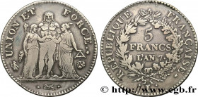 DIRECTOIRE
Type : 5 francs Union et Force, Union desserré, avec glands intérieurs et gland extérieur 
Date : An 7 (1798-1799) 
Mint name / Town : Bayo...
