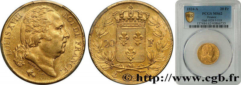 LOUIS XVIII
Type : 20 francs or Louis XVIII, tête nue 
Date : 1824 
Mint name / ...