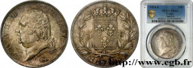 LOUIS XVIII
Type : 5 francs Louis XVIII, tête nue 
Date : 1824 
Mint name / Town : Bordeaux 
Quantity minted : 1.009.011 
Metal : silver 
Millesimal f...