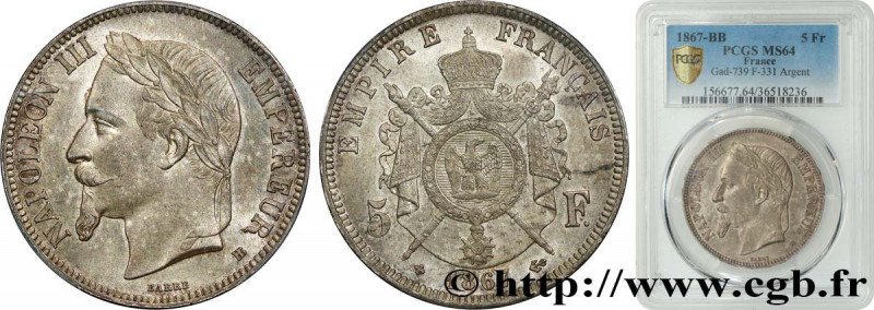 SECOND EMPIRE
Type : 5 francs Napoléon III, tête laurée 
Date : 1867 
Mint name ...