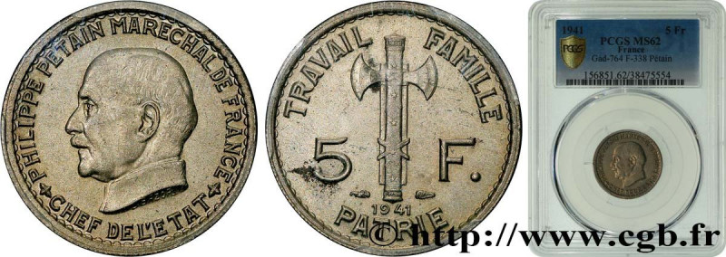 FRENCH STATE
Type : 5 francs Pétain  
Date : 1941 
Quantity minted : 13782000 
M...