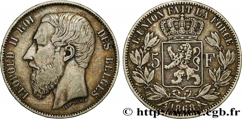 BELGIUM - KINGDOM OF BELGIUM - LEOPOLD II
Type : 5 Francs, signature le long du ...