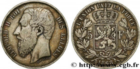 BELGIUM - KINGDOM OF BELGIUM - LEOPOLD II
Type : 5 Francs, signature le long du cou 
Date : 1868 
Quantity minted : 6751000 
Metal : silver 
Millesima...