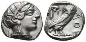 Athens, Attica. AR Tetradrachm, c. 440-420 BC.
Obv. Helmeted head of Athena right.
Rev. Owl standing right, head facing, olive sprig and crescent behi...